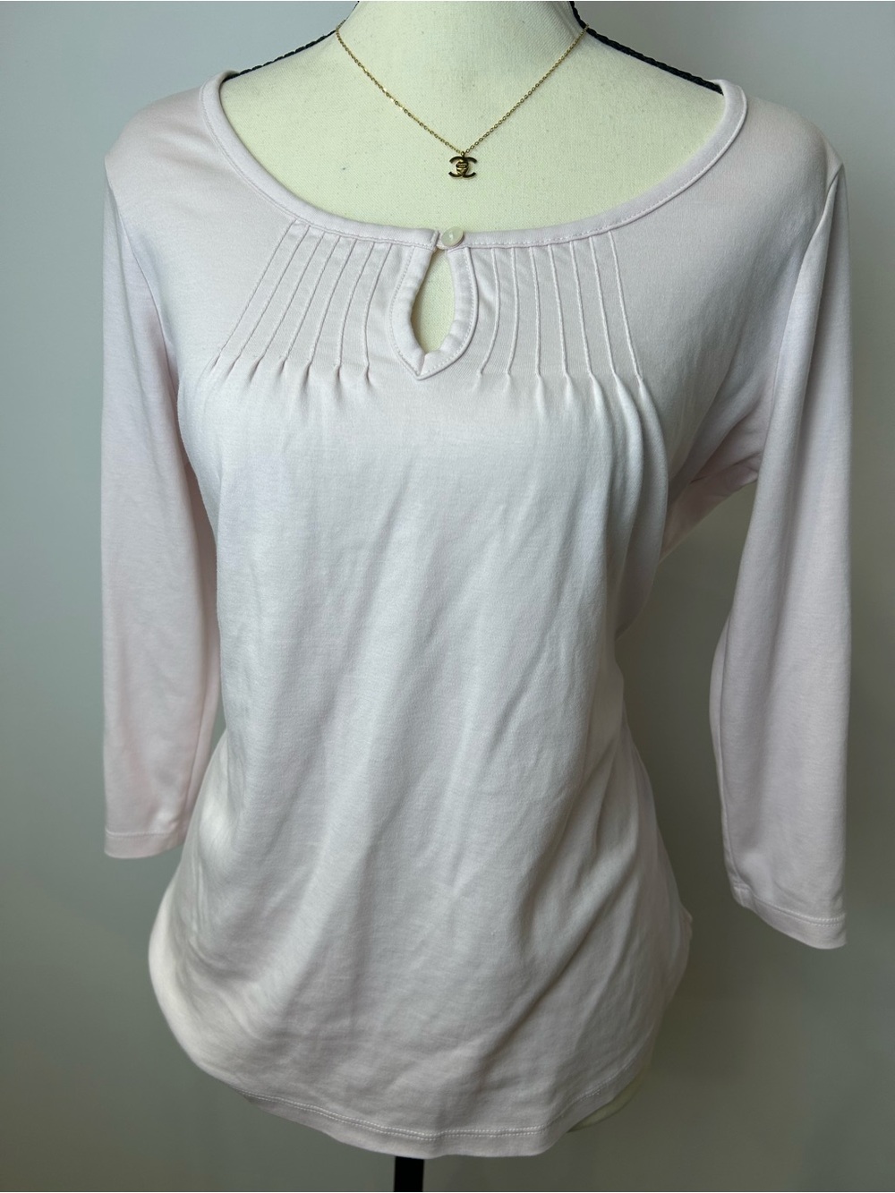 L.L. Bean Light Pink Pleated Keyhole Long Sleeve Top